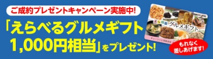 ご制約プレゼントキャンペーン実施中!「えらべるグルメギフト1,000円」をプレゼント!